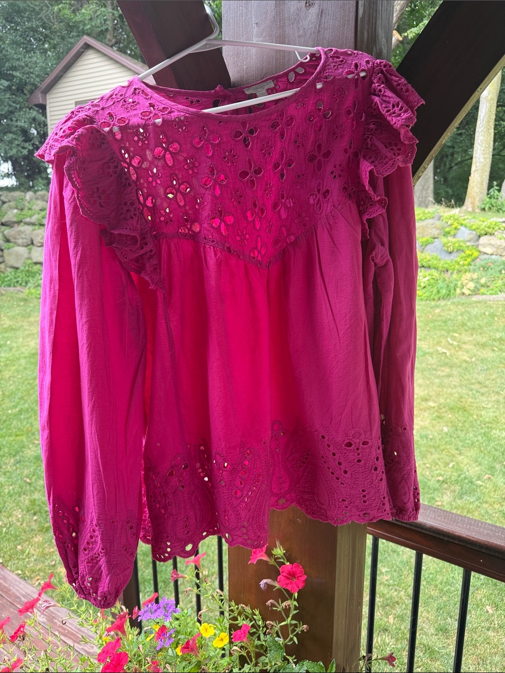 Eyelet Lace Ruffle Long-Sleeve Blouse - Fuchsia Pink